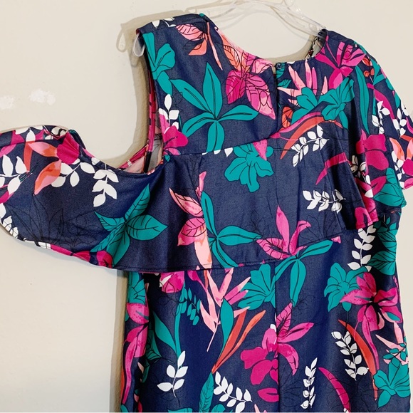 Isabel Maternity (XL) Pink Navy Teal Floral Top with Cold Shoulder and ruffles - Picture 6 of 9